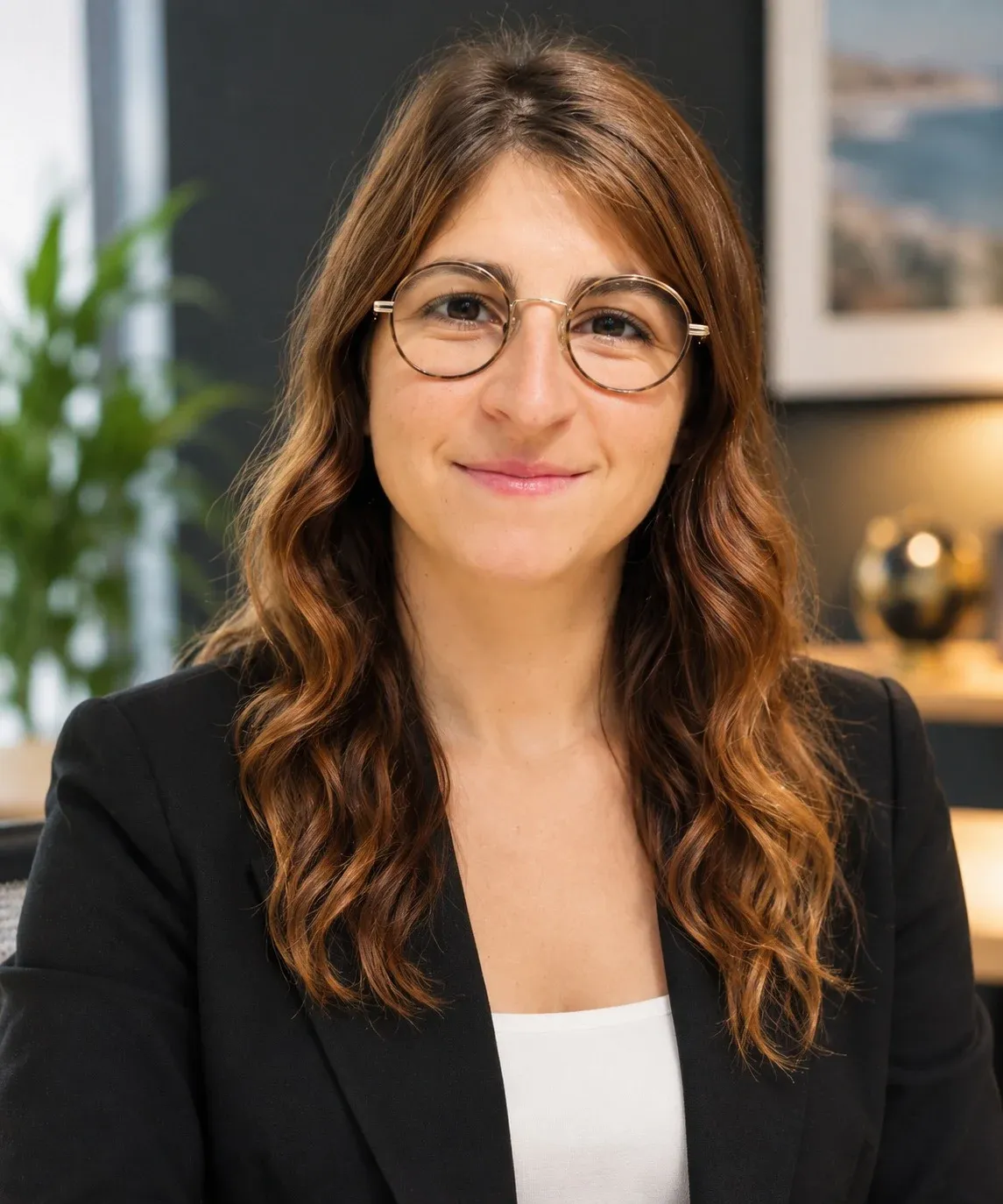 Marina, nounou à domicile à La Baule et sur la Presqu’île, souriante, avec ses lunettes rondes